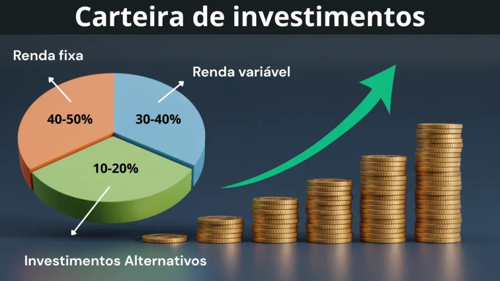 Gráfico de distribuição de investimentos para aposentadoria com pilhas de moedas crescentes