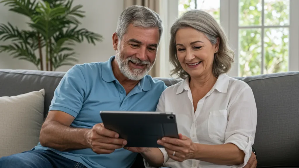 Casal de 40 anos utilizando aplicativo de investimentos no tablet em casa