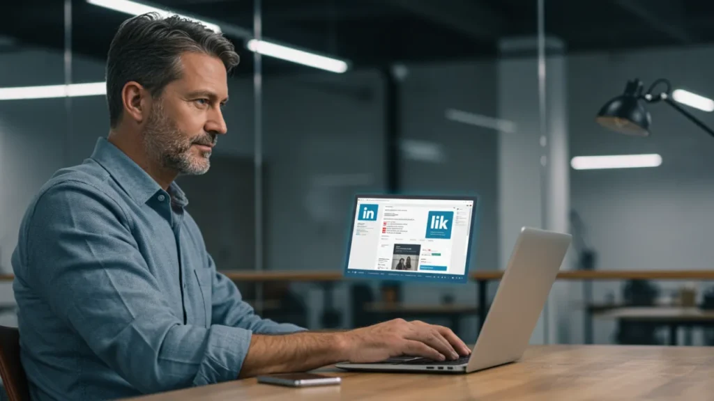 Profissional maduro usando LinkedIn laptop escritório networking digital carreira