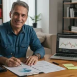 Pessoa de 45 anos planejando aposentadoria com documentos financeiros e calculadora na mesa