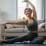 Mulher de 45 anos fazendo exercícios matinais em casa com disposição e energia