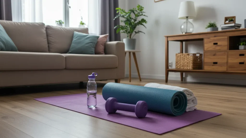 Espaço doméstico simples organizado para exercícios em casa aos 40 anos