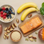 Alimentos saudáveis energéticos dispostos em mesa - aveia, abacate, castanhas, espinafre, quinoa, banana, salmão e batata-doce