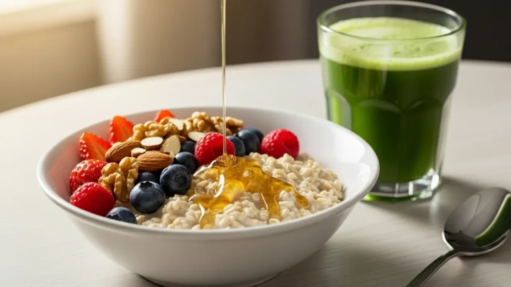 Café da manhã energético com aveia, frutas vermelhas, castanhas e suco verde para aumentar disposição
