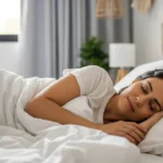 Mulher de 50 anos dormindo tranquilamente em quarto organizado para sono reparador