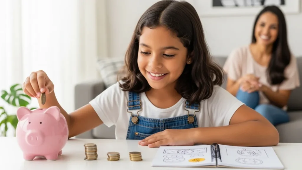 Criança aprendendo educação financeira com cofrinho e moedas organizadas