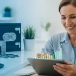 Pessoa de meia-idade aprendendo sobre investimentos seguros no celular com gráficos de crescimento financeiro