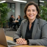 Profissional maduro fazendo transição de carreira aos 45 anos em escritório moderno