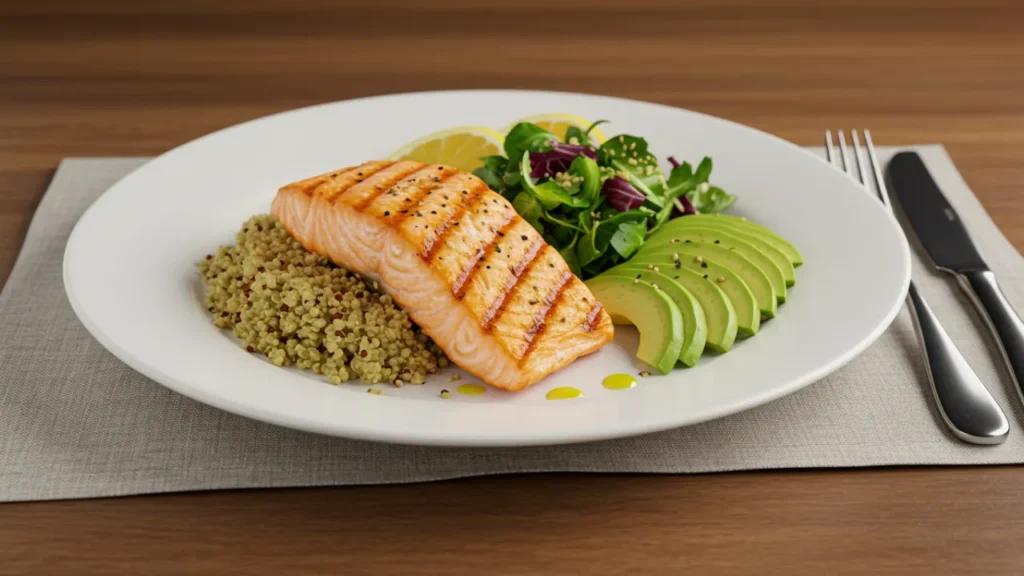 Prato equilibrado com quinoa, salmão grelhado, salada verde e abacate para almoço energético e nutritivo