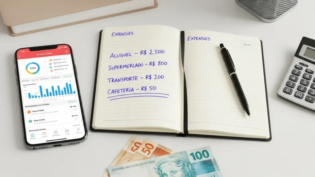 Ferramentas para controle financeiro - aplicativo no celular, caderno e calculadora
