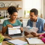 Família brasileira organizando orçamento familiar na mesa da cozinha com calculadora e planilhas