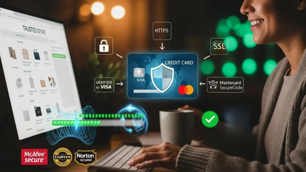 Pessoa realizando compras online seguras com cartão protegido e loja virtual confiável