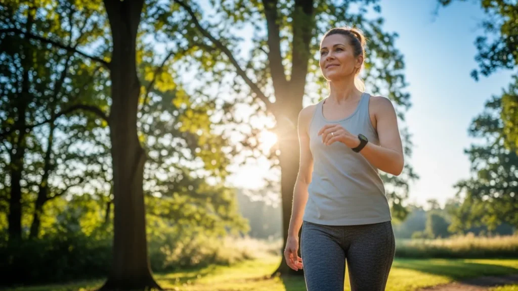 Mulher de 48 anos praticando caminhada matinal para melhorar sono reparador