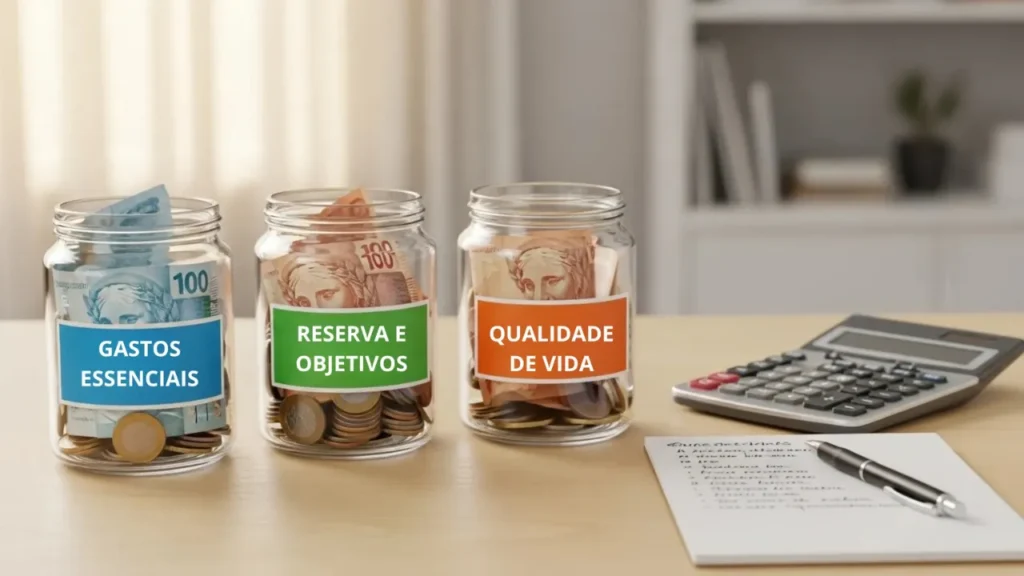 Método dos três potes para orçamento familiar com dinheiro separado por categorias