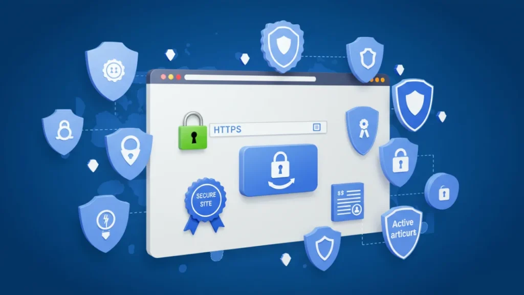 Navegador web seguro com cadeado HTTPS e elementos de proteção para navegação segura na internet