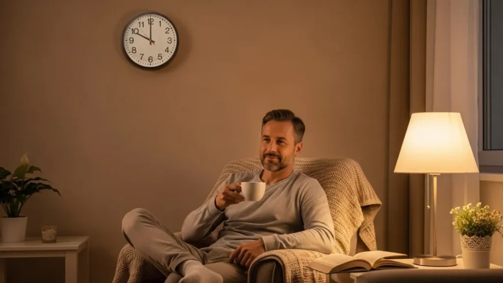 Homem de 45 anos praticando ritual noturno com chá para sono reparador