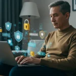 Pessoa usando laptop com símbolos de segurança digital e proteção de dados online