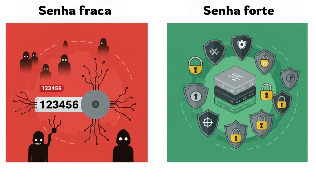 Comparação visual entre senhas fracas vulneráveis e senhas fortes protegidas por segurança digital