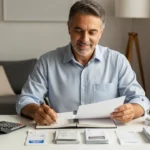 Pessoa acima de 45 anos organizando dívidas e documentos financeiros em casa com expressão confiante e esperançosa