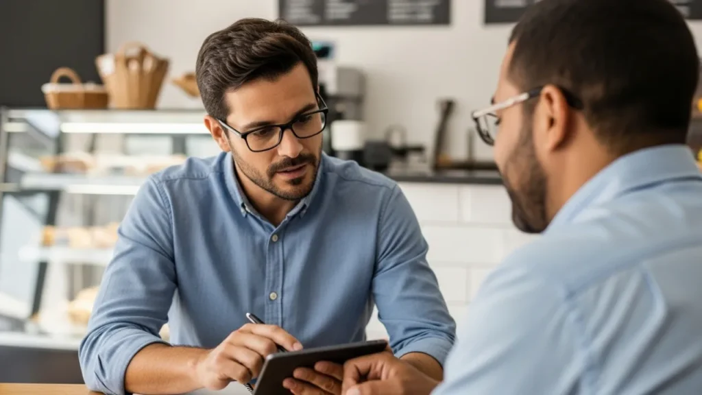 Consultor experiente prestando orientação profissional para proprietário de pequeno negócio
