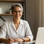 Consultora profissional aos 50 anos trabalhando em home office, representando segunda carreira e monetização de experiência