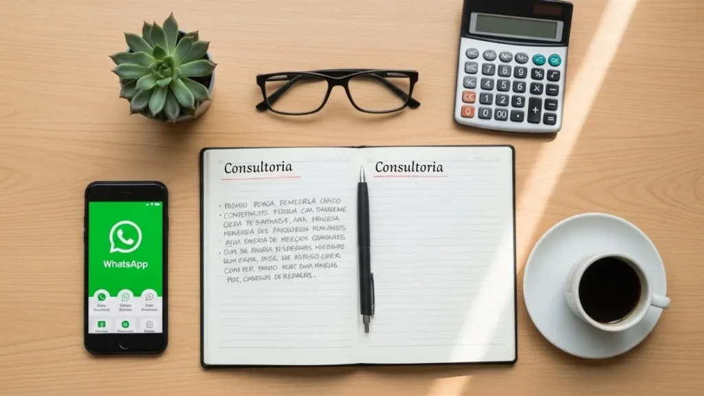 Ferramentas simples e acessíveis para iniciar consultoria em casa - smartphone, caderno e organização básica