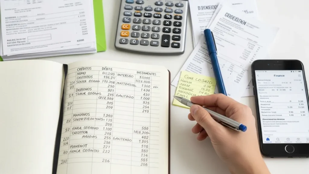 Caderno com lista detalhada de dívidas, calculadora e documentos organizados para controle de débitos e pendências financeiras