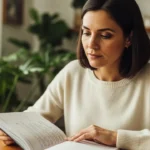 Mulher refletindo sobre autoconhecimento financeiro e relação com dinheiro em casa