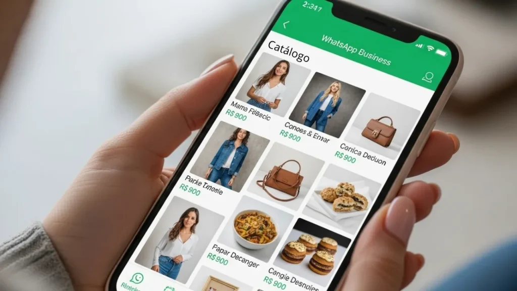 Catálogo de produtos organizado no WhatsApp Business com fotos e preços para loja virtual