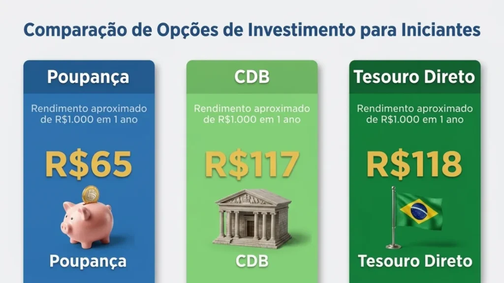 Comparação de rendimento entre poupança, CDB e Tesouro Direto para investir com R$ 1.000