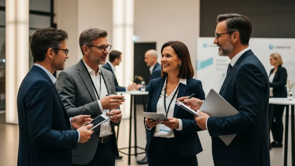 Grupo de profissionais maduros em evento de networking criando conexões