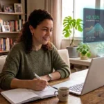 Pessoa de 40 anos analisando opções de investimentos seguros em casa