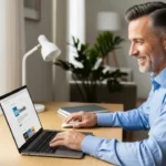 Profissional acima de 40 anos usando LinkedIn em laptop para buscar oportunidades de emprego e networking