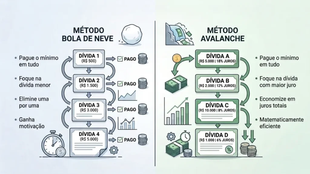 Comparação entre os métodos bola de neve e avalanche para sair das dívidas.