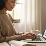 Profissional de 45 anos estudando cursos online em casa para mudança de carreira e transição profissional