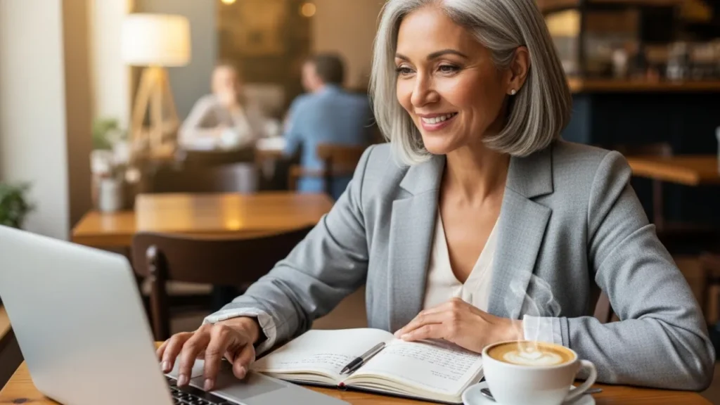 Profissional madura organizando rede de contatos e planejando networking