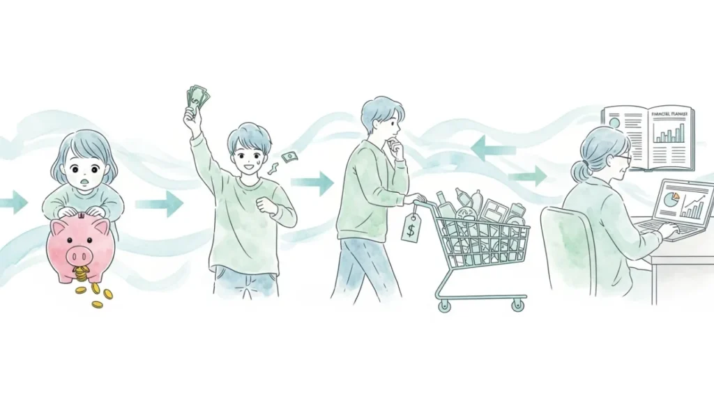 Linha do tempo ilustrando como as crenças sobre dinheiro se formam desde a infância