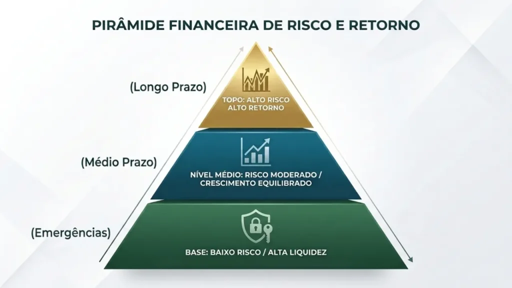 Pirâmide de investimentos com base em segurança, meio em crescimento moderado e topo em maior risco e retorno