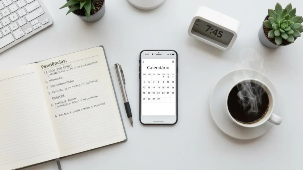 Mesa organizada com ferramentas de planejamento diário e produtividade digital
