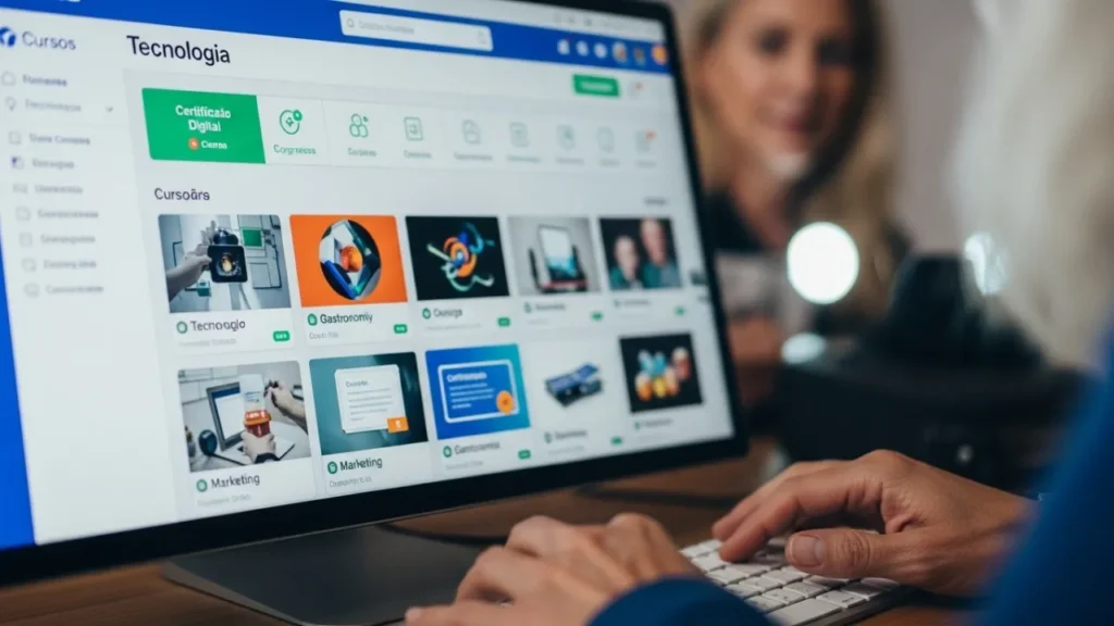 Interface de plataforma de educação a distância mostrando variedade de cursos online disponíveis em diferentes áreas profissionais