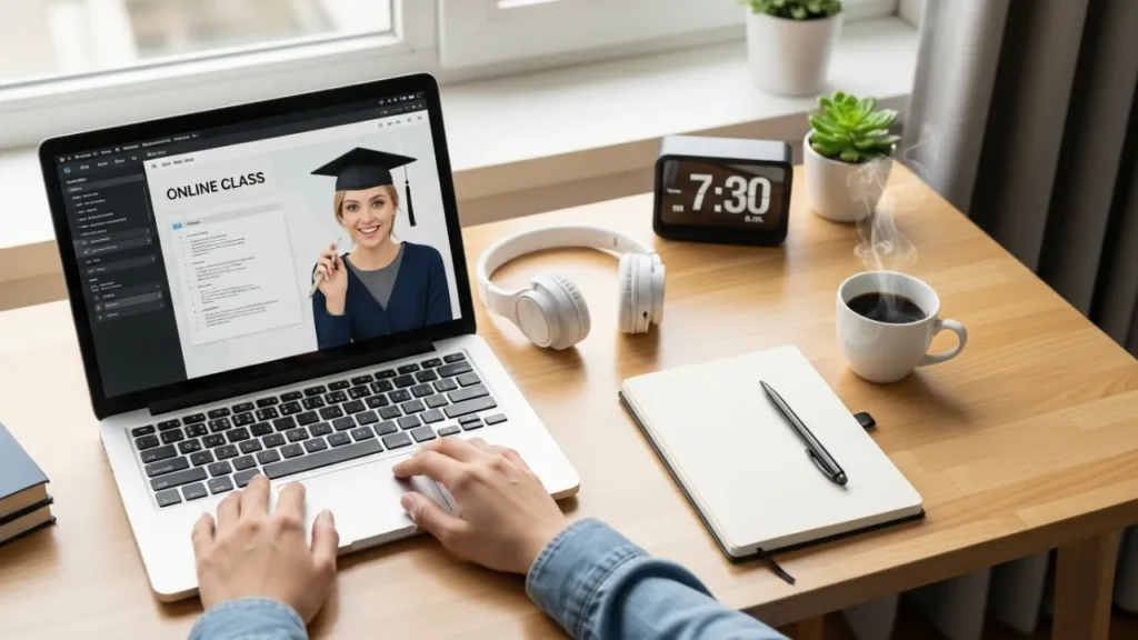 Espaço de estudos organizado em casa para rotina de cursos online com notebook caderno e ambiente tranquilo
