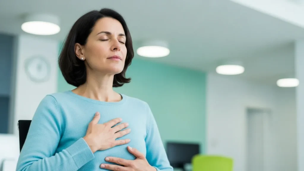 Pessoa praticando técnica de respiração profunda para controlar stress no trabalho