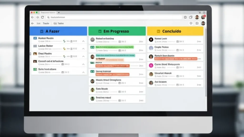 Interface do Trello mostrando organização visual de tarefas e projetos em colunas
