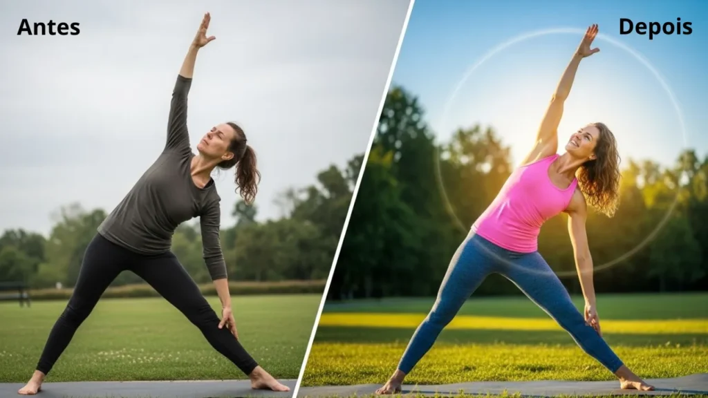 Mulher de 40 anos radiante com energia praticando yoga ao ar livre demonstrando vitalidade e bem-estar após suplementação vitamínica adequada