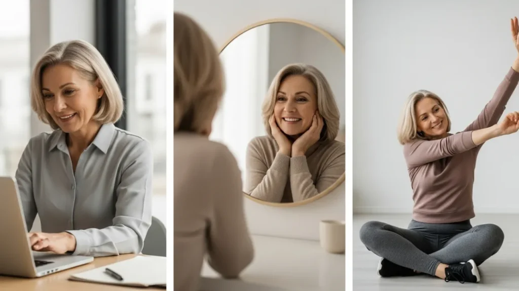 Três áreas principais de recomeço aos 40 anos com mensagens de autoconhecimento específicas para cada contexto