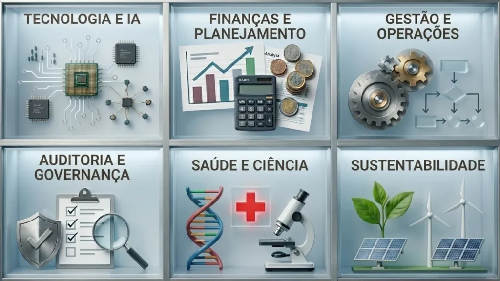 Áreas de profissões em alta: tecnologia, finanças, gestão, governança, saúde, e sustentabilidade