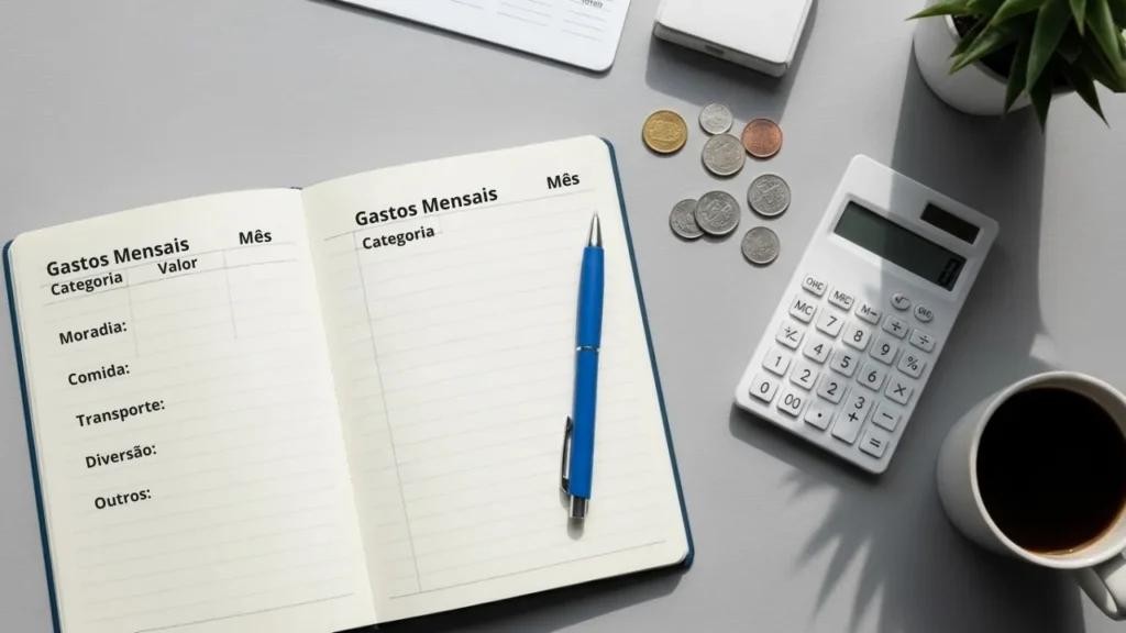 Caderno com anotações de gastos mensais para controle de poupança inteligente