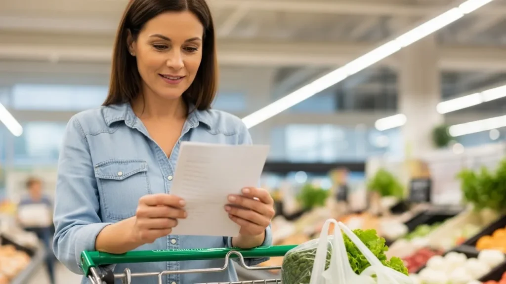 Mulher fazendo compras com lista para economizar e criar poupança inteligente