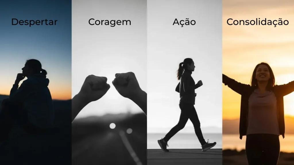 Quatro fases do recomeço representadas visualmente com mensagens de autoconhecimento para cada etapa