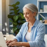 Profissional acima de 40 anos trabalhando com marketing digital em casa usando laptop